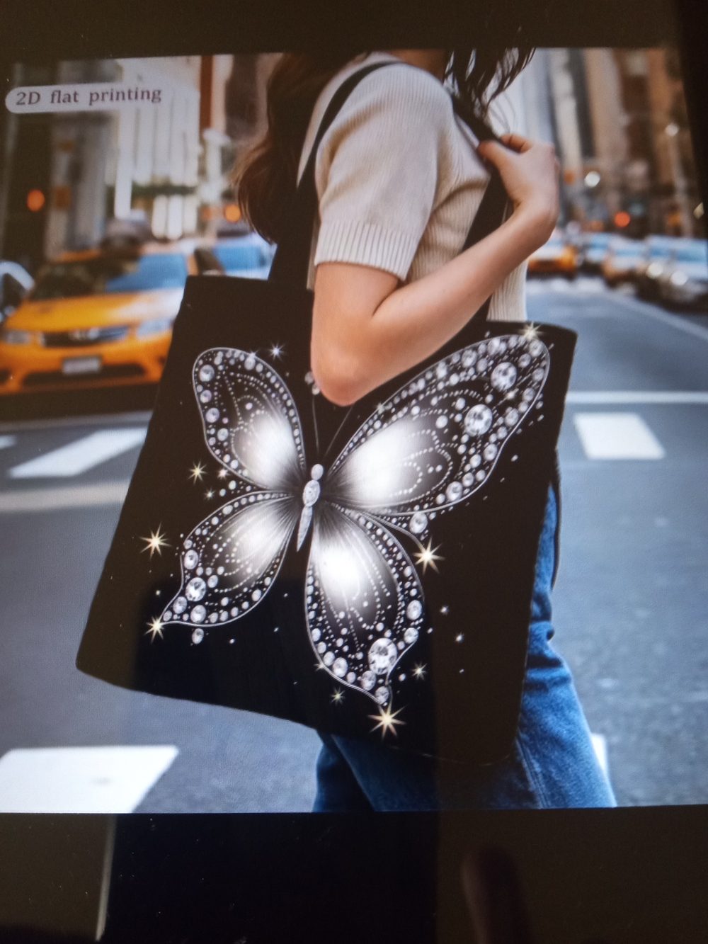 Black Butterfly Tote Bag with Rhinestone Print